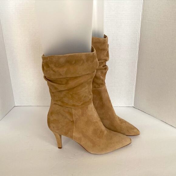 NWOT Vince Camuto Sonbela Ruched Camel Light Brown Suede Boots in Size 9.5. - Picture 3 of 5